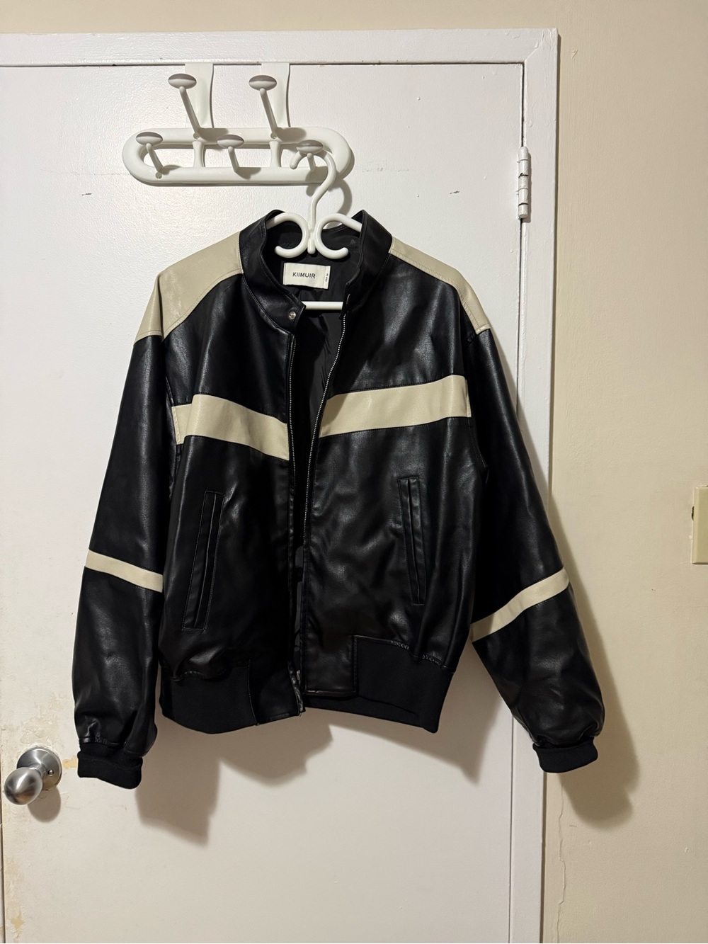 Mens Black and Cream Faux Leather Bomber Jacket -
